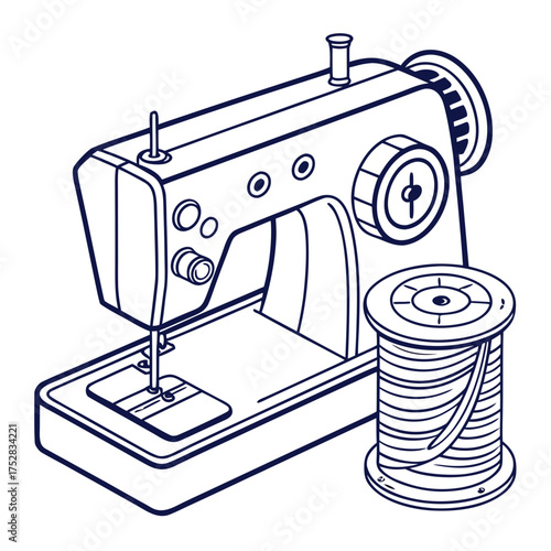 A vintage style sewing machine with a spool of thread is depicted in a clean line art illustration on a white background