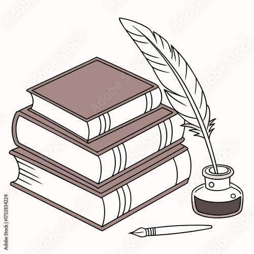 A stack of antique books sits next to an inkwell with a quill pen and a separate fountain pen on a plain background