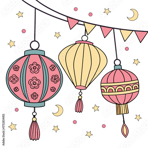 Charming pastel colored paper lanterns with tassels and decorative elements like stars and moons create a festive and whimsical atmosphere