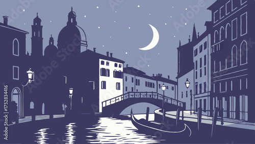 Venice Italy Night Canal Illustration with Gondola Arch Bridge and Crescent Moon Romantic European Cityscape for Travel and Tourism