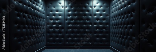 A dark black padded cell with soft cushioned walls, designed for isolation or therapy