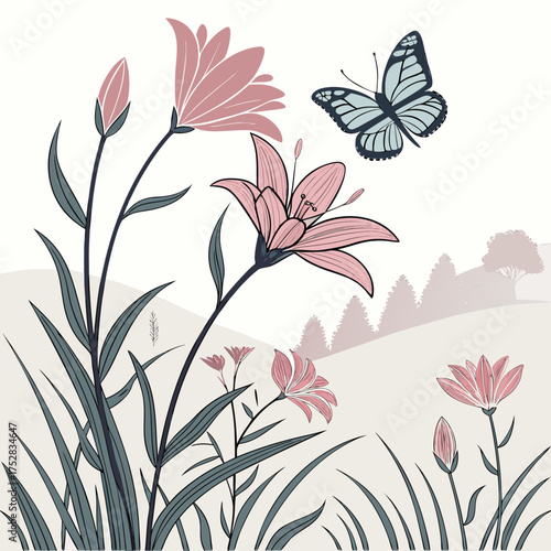 Delicate pink lilies and a blue butterfly flutter gracefully over a serene pastel landscape with rolling hills and trees