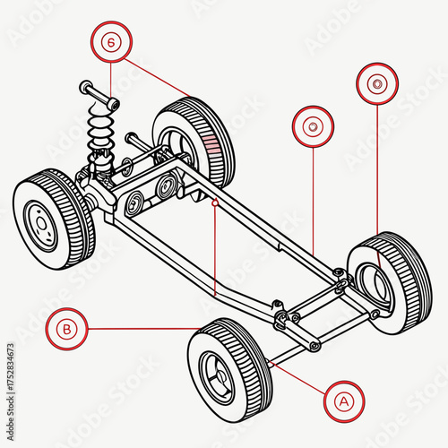 Diagram of a vehicle chassis with suspension and wheels highlighting key components with labels and red lines for clarity and instructional purposes