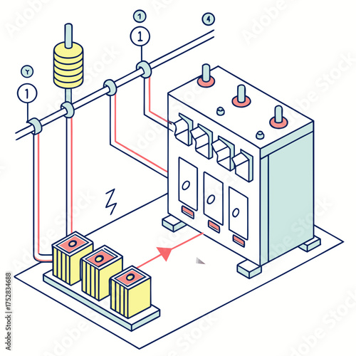 Diagram illustrating an electrical power distribution system with a transformer circuit breakers and power lines in a simplified isometric view