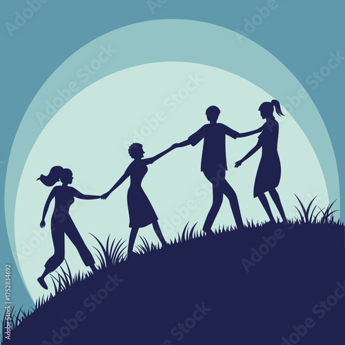 Diverse group of people holding hands and helping each other climb a hill against a large moonlit sky symbolizing unity and support