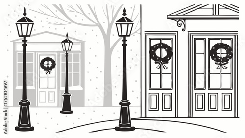 Winter Street Scene with Festive Lampposts and Decorated Doors. Traditional Christmas Holiday Decor for Seasonal Marketing and Greeting Cards.