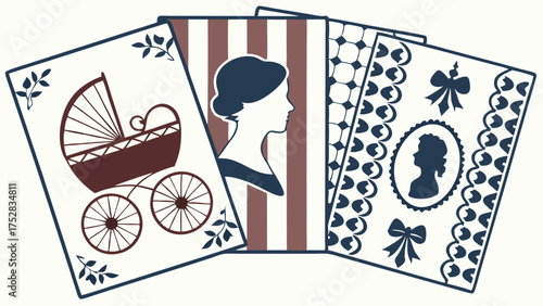 Nostalgic Vintage Family History Cards with Baby Carriage and Woman Silhouettes for Genealogy, Motherhood, and Heritage Web Design