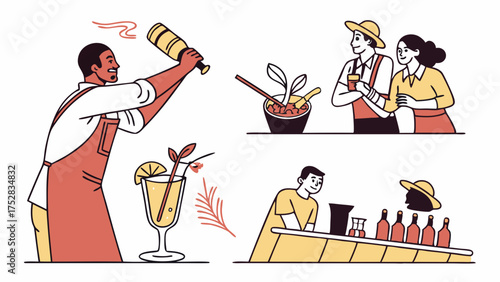 Bartender Shaking Craft Cocktails, People Enjoying Drinks at a Bar. Hospitality and Mixology Scenes for Social Events and Beverage Marketing.