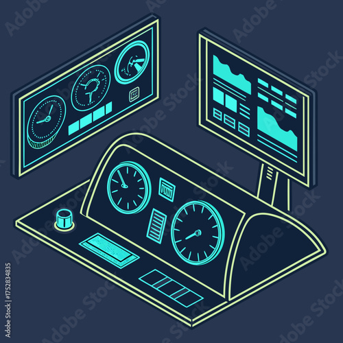 Futuristic control panel with glowing screens and analog gauges displaying data and graphs in an isometric perspective
