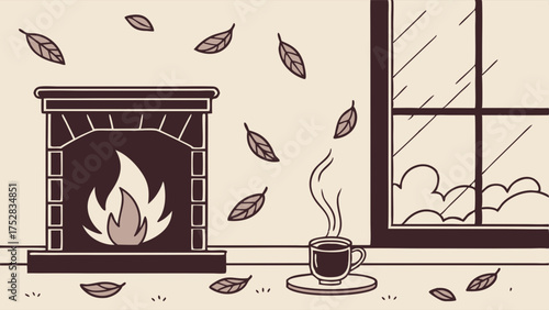 Cozy Autumn Hygge Day with Warm Fireplace, Steaming Coffee by Rainy Window. Fall Leaves, Relaxing Home Comfort, Seasonal Lifestyle Content.