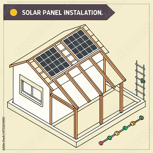 Illustration of a house under construction with solar panels being installed on the roof and a ladder nearby
