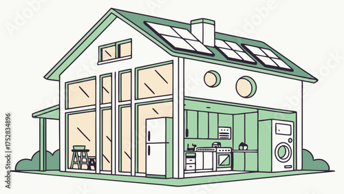Modern Sustainable House with Solar Panels and Green Kitchen. Eco-Friendly Home Design for Energy Efficiency and Sustainable Living