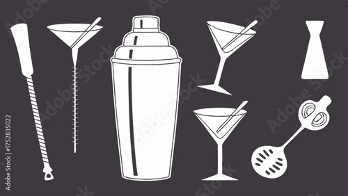Bartending Tools Cocktail Glasses Silhouette Icons Professional Barware Set for Mixology Drink Preparation Home Bar and Restaurant Menu Design
