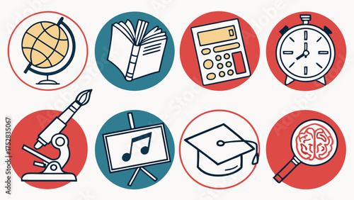 Educational Icons Set School Subjects Learning Symbols Academic Tools for University College Online E-learning and Knowledge Growth
