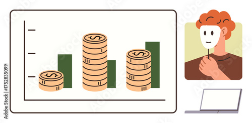 Stacked coins and bar chart representing financial growth, person holding mask symbolizing hidden identity, nearby laptop. Ideal for finance, fraud, business, anonymity, investment, economy simple