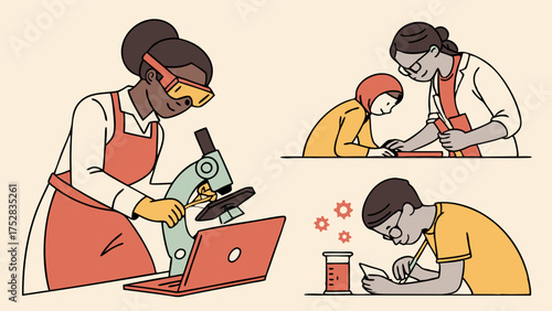 Diverse Students and Scientists Learning STEM. Modern Illustration of Scientific Research, Collaborative Education, and Discovery.