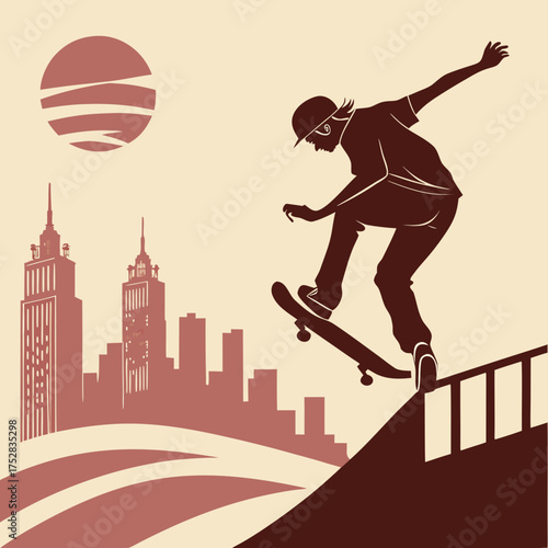 Silhouette of a skateboarder performing a trick on a ledge with a stylized city skyline and sun in the background