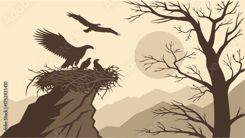 Powerful Eagle Family Nurturing Chicks in Nest on Mountain Cliff Vector Art for Leadership, Growth, and New Beginnings