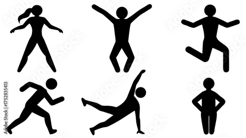 Black silhouette figures showing various exercises and movements on white background