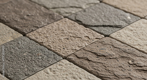 Close-up of textured stone tiles in various earthy tones, perfect for modern interior design projects with natural aesthetic