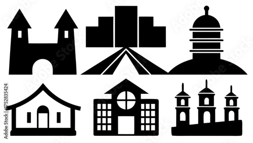 Black and white vector icons of various buildings and architectural structures