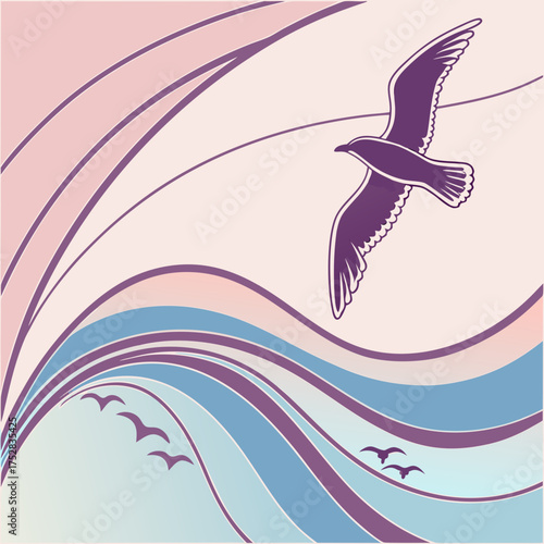 Stylized illustration of a majestic purple seagull soaring gracefully above abstract flowing waves in soft pastel colors creating a serene coastal scene
