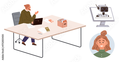 Man working on laptop at desk, speaking to AI on screen. Organized workspace with files and documents. Ideal for technology, automation, collaboration, AI communication, hybrid work, productivity