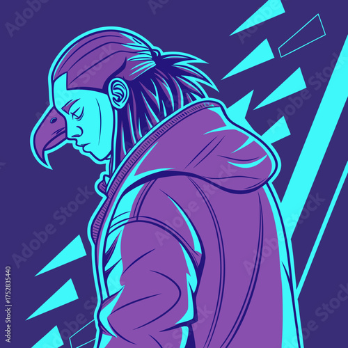 Stylized illustration of a person with a bird s beak and a hoodie depicted in vibrant purple and cyan colors against a dark purple background with abstract geometric shapes
