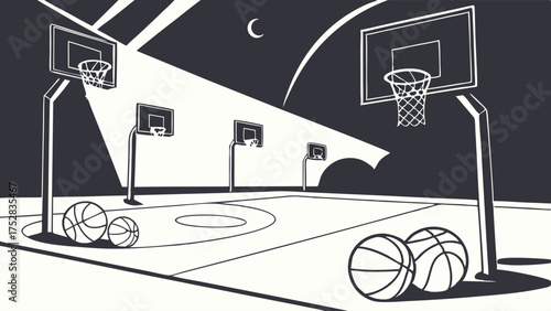 Dynamic Night Basketball Court with Bright Spotlights Multiple Hoops and Balls Ready for Youth Sports Training Athletic Competition and Team Play Graphic Illustration