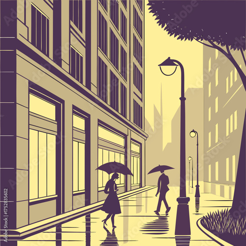 Two silhouetted figures with umbrellas walk down a wet city street reflecting streetlights and buildings on a rainy day