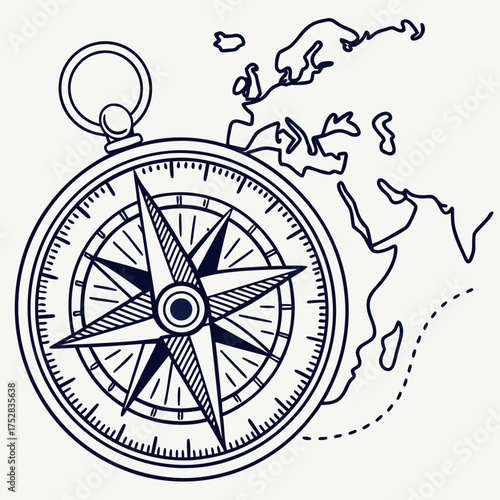 Vintage compass and abstract map outline of europe and africa symbolizing travel and exploration