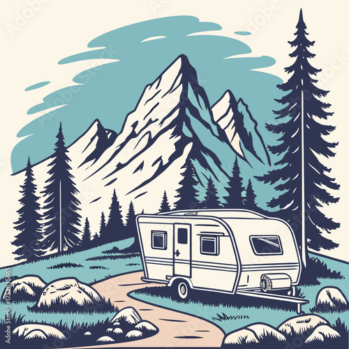 Vintage style illustration of a caravan parked on a winding road in a mountainous forest landscape with snow capped peaks and pine trees