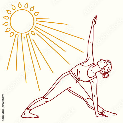 Woman practicing yoga in triangle pose outdoors under a stylized sun with radiating lines and a warm color palette