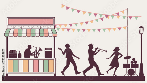 Lively Street Festival with Live Jazz Music and Food Stall Illustration for Community Event Promotion and Advertising