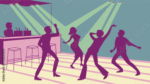Energetic People Dancing at Vibrant Nightclub Party Retro Disco Music Bar Scene Nightlife Entertainment Celebration