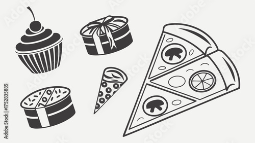 Pizza Slices, Cake, Cupcake, Gift Box Black and White Vector Icons. Delicious Food and Party Graphics for Restaurant Menus, Events, and Web Design.