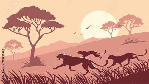Three Wild Cheetahs Running Fast Across African Savanna at Sunset Dynamic Safari Wildlife Adventure Landscape