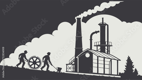Industrial Revolution Factory with Working Men. Vintage Silhouette of Hard Labor, Smoking Chimney, Manufacturing, and Economic Progress.