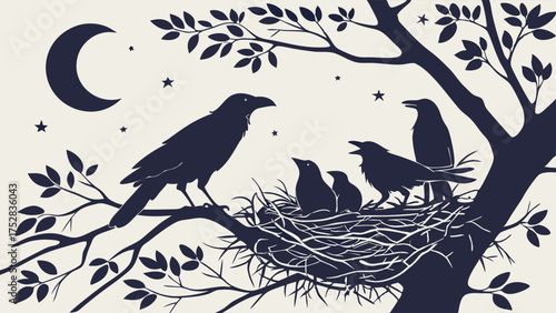 Nurturing Crow Family Nesting Silhouette in Tree at Night. Parents and Chicks Under Moonlight. Peaceful Wildlife Illustration for Storytelling, Education, Design.