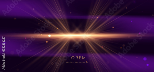 Abstract glowing gold lighting ray on dark purple  background with lighting effect and sparkle with copy space for text.
