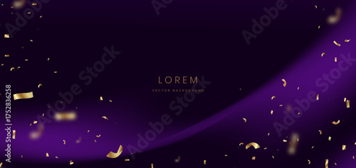 Luxury purple curve ray on dark red background with gold confetti.