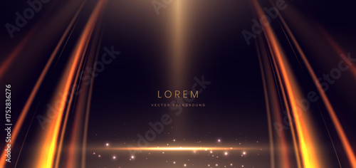 Elegant scene gold glowing lighting effect sparkle with curve ray gold on black background.