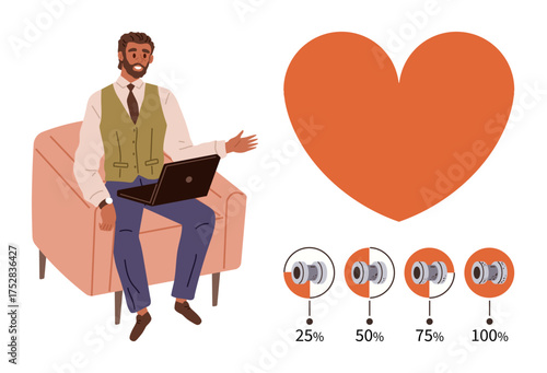 Man seated on an armchair with laptop explaining metrics represented by heart and percentage progress icons. Ideal for healthcare, emotional well-being, analysis, productivity, self-improvement
