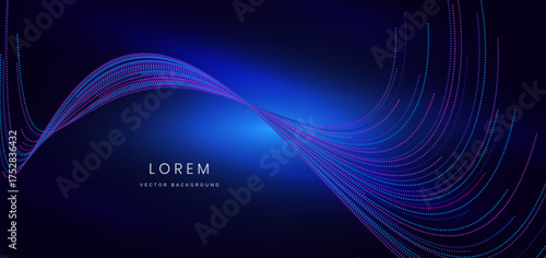 Futuristic glowing particle blue neon light ray on dark blue background.