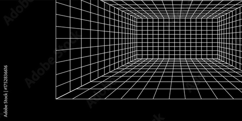 Abstract 3d perspective indoor wireframe vector design. Vector illustration. wireframe grid. perspective grid room on black background
