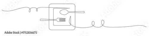 Continuous line art of a dishware set in the form of a square plate, spoon, and fork. This icon is for a sticker or banner of a restaurant. Vector illustration
