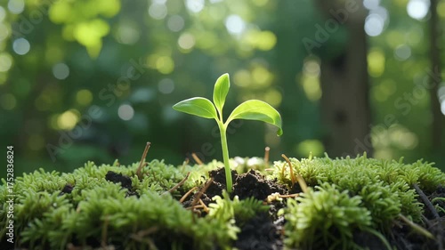 Small seedling emerges from mossy ground in a sunlit forest showcasing nature's resilience and the promise of new growth in a vibrant green environment