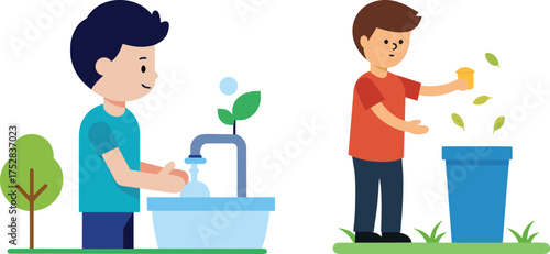 A young boy is diligently throwing banana peels into a trash and washing his hands at a sink vector illustration