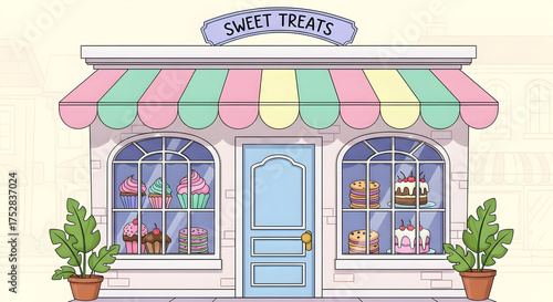 Charming sweet shop facade with colorful displays of baked goods and treats.