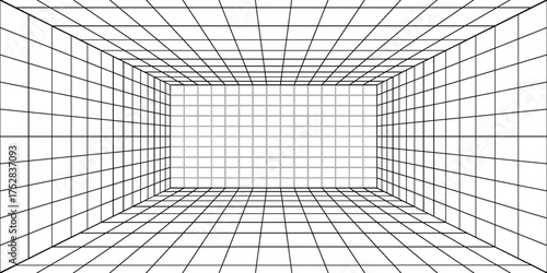 Mesh 3d room. Digital blank space with geometric perspective grid futuristic interior with abstract vector rendering